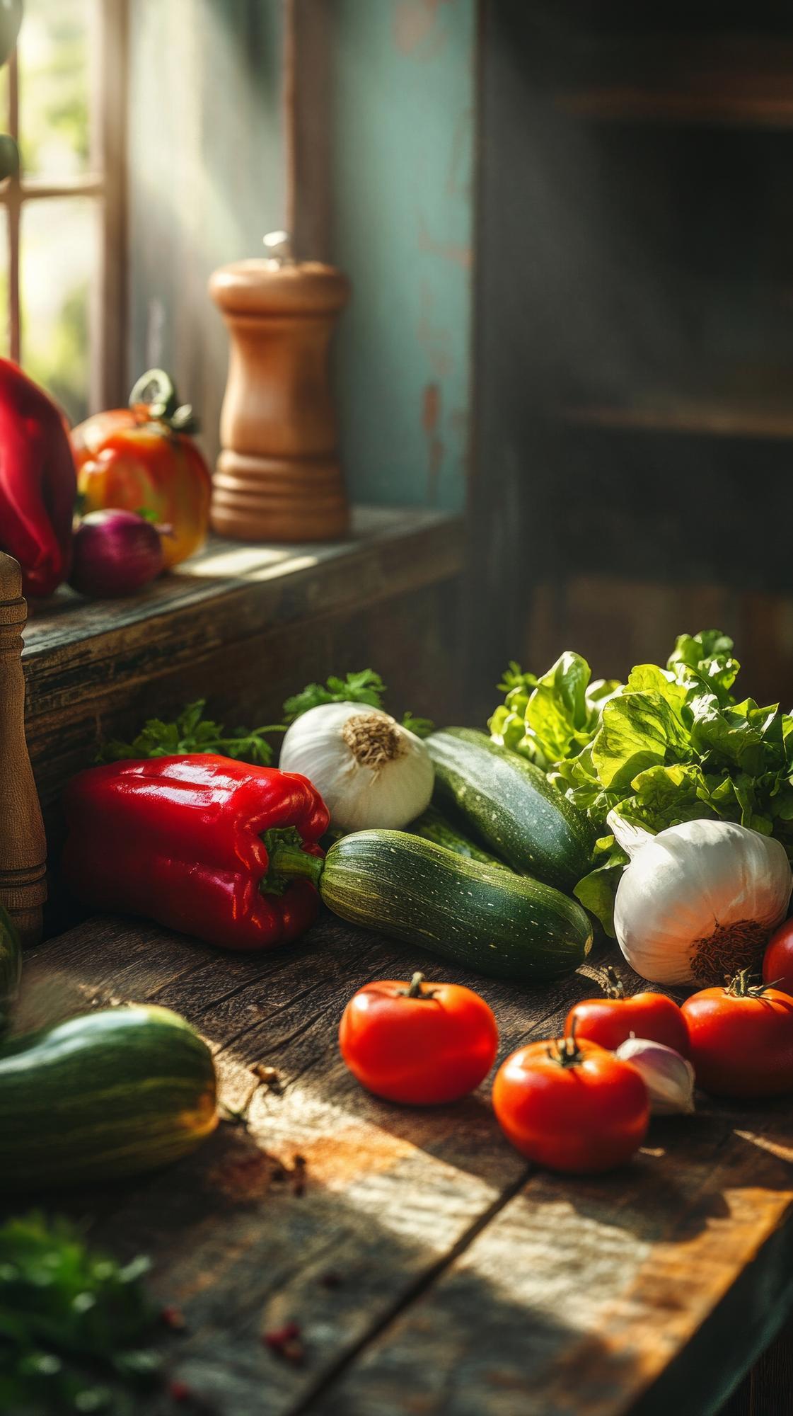 studio kitchen bench with fresh produce and tools
