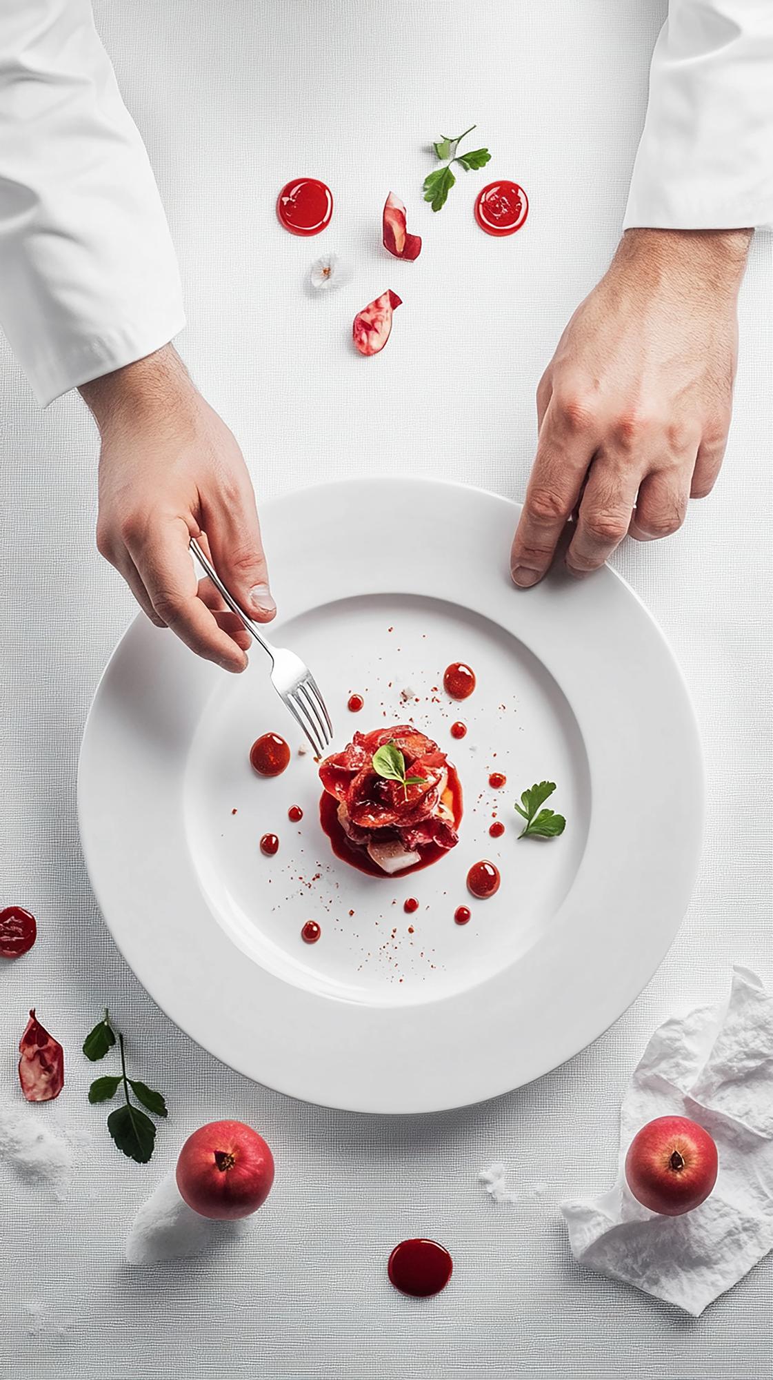 chef plating a composed dish on a ceramic plate